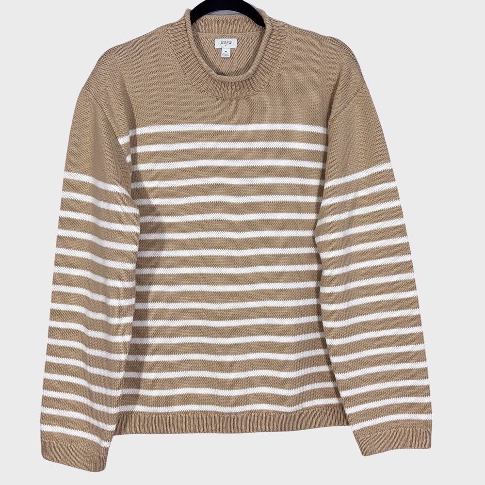 J.Crew Striped Rollneck Sweater Women’s XL Tan & White Preppy Coastal Old Money